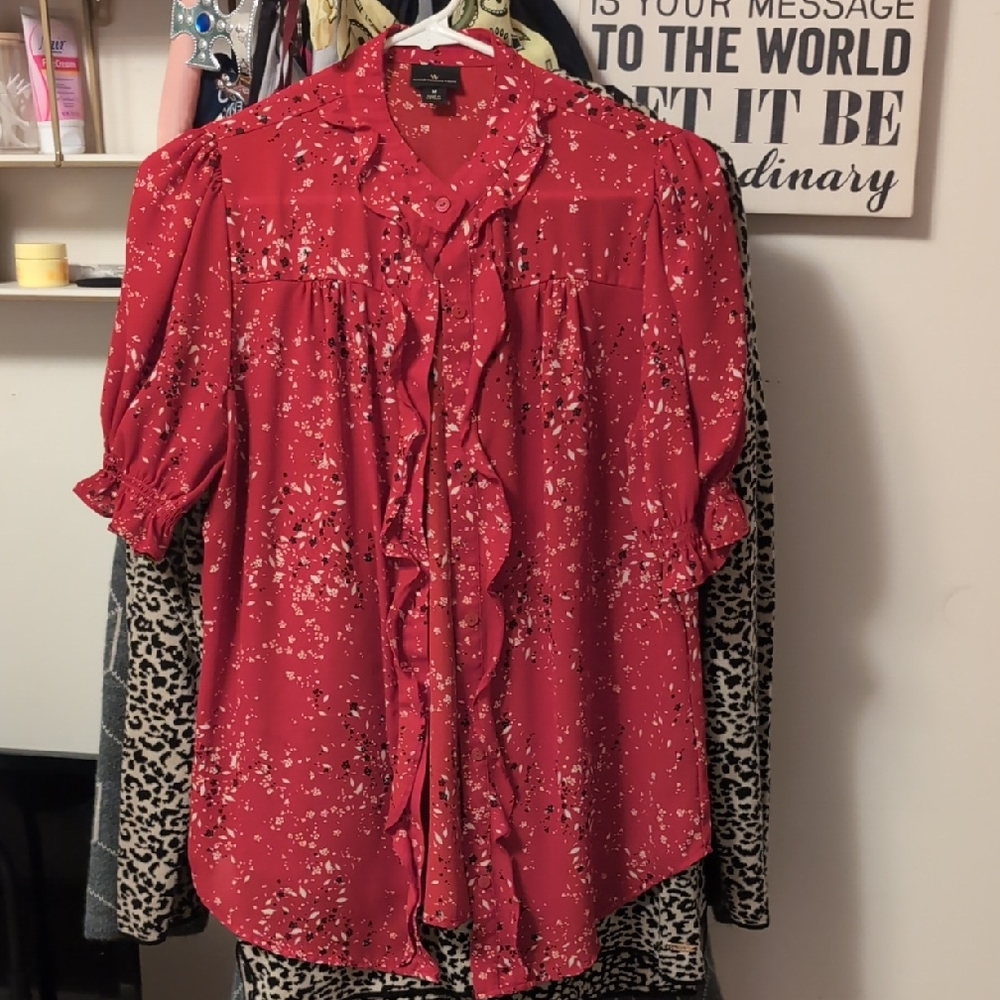 Worthington Red Ruffled Short Sleeve Blouse